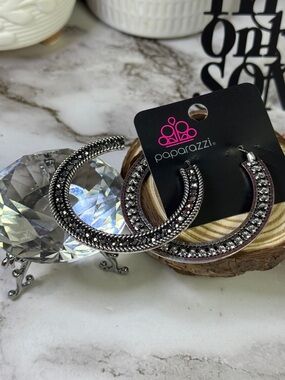 Paparazzi Silver-Tone Textured Hoop Earrings with Rhinestone Accents